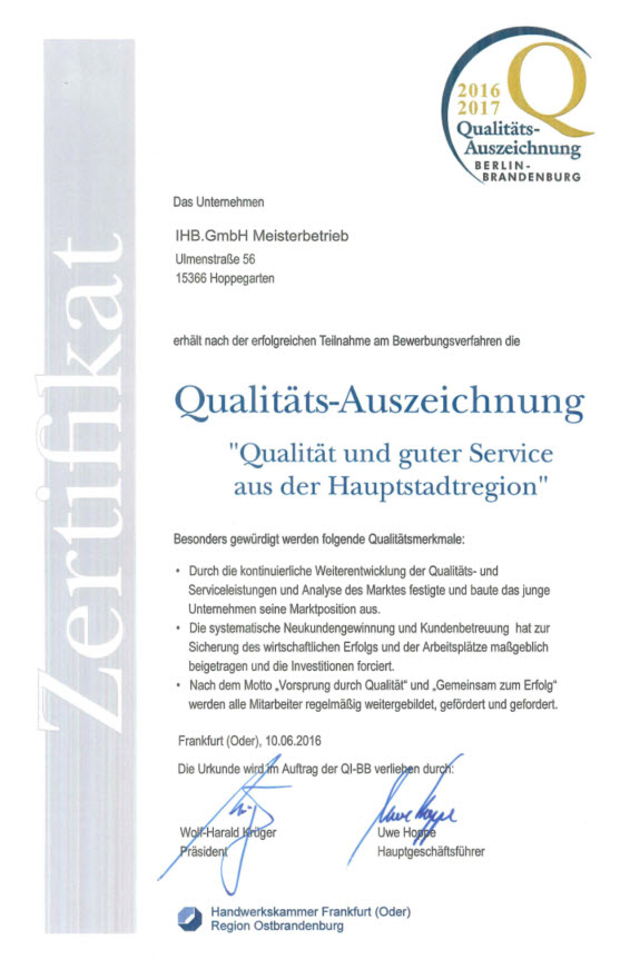 Urkunde IHBGmbHMeisterbetrieb